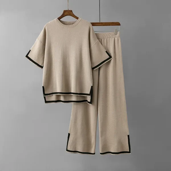 O-neck Short Sleeve Loose Sweater Casual Tops High Waist Pant 2 Piece Set