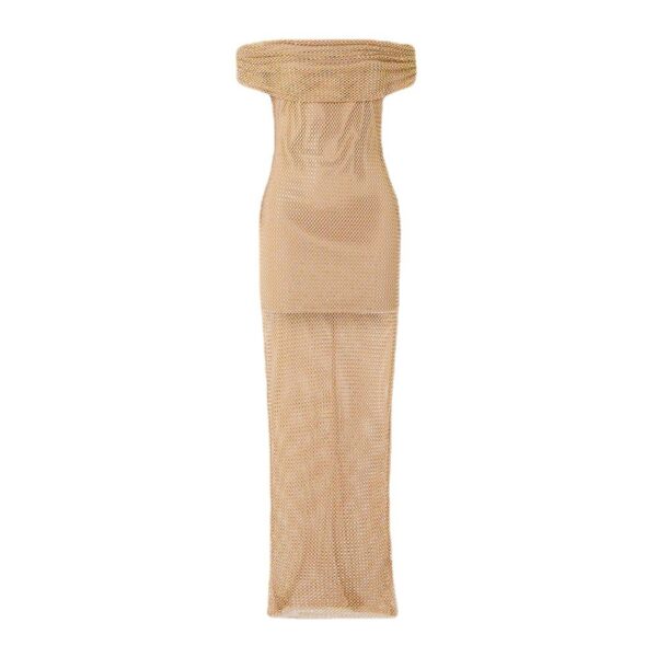 Women's Sexy Mesh Perspective Off Shoulder Bra Perspective Elastic Long Dress Elegant Celebrity Evening Dress