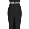 571136395 Knitted black strapless beaded evening dress with bandages and backless dress