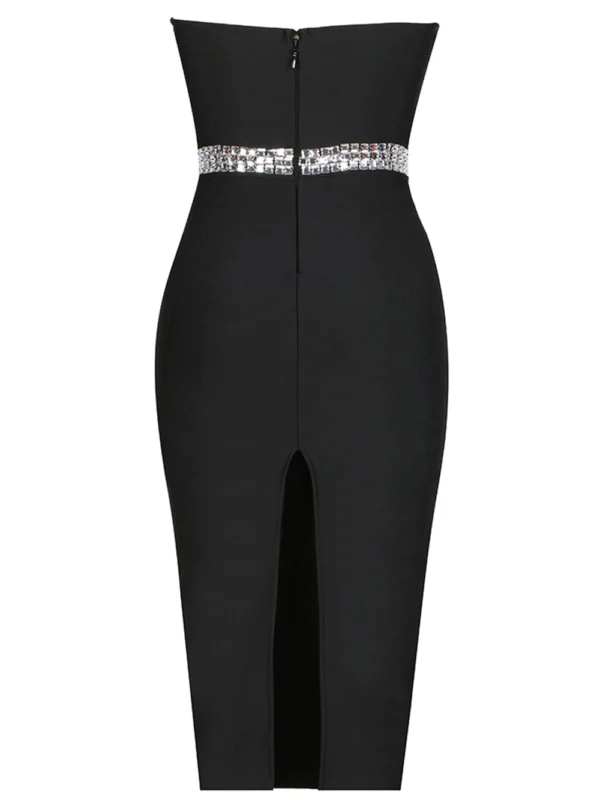 571136395 Knitted black strapless beaded evening dress with bandages and backless dress