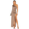 New Stretch Satin Split Slanted Shoulder Party Dress Women's Mid Length Dress