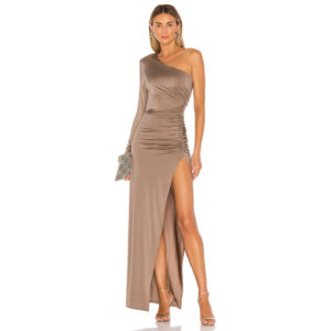 New Stretch Satin Split Slanted Shoulder Party Dress Women's Mid Length Dress