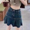 Vintage High-Waisted Denim Pleated Skirt for Women