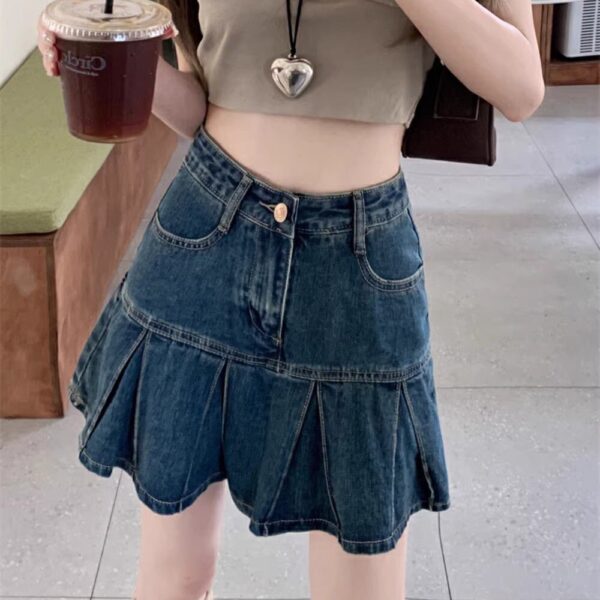 Vintage High-Waisted Denim Pleated Skirt for Women