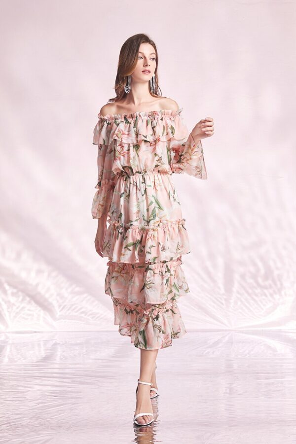 Pink Lily Flower Printed Layered Midi Dress