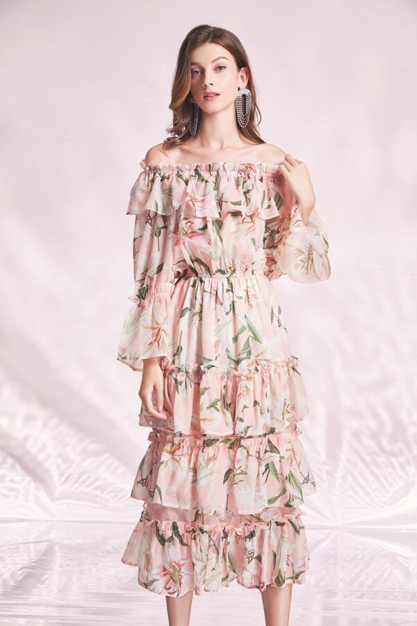 Pink Lily Flower Printed Layered Midi Dress