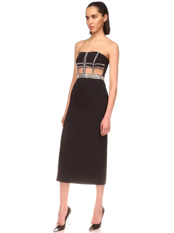571136396 Knitted black strapless beaded evening dress with bandages and backless dress