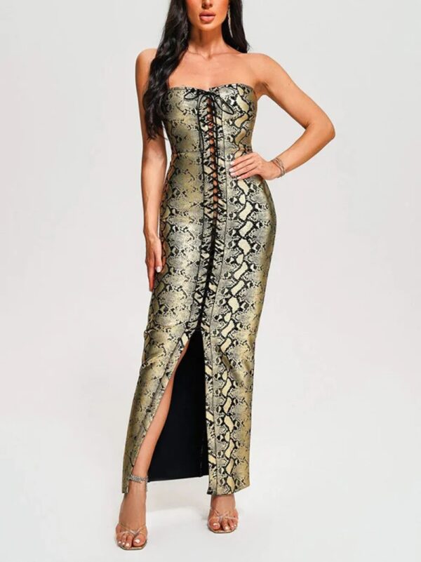 New Tight Lace up Gold Stamped Bandage Sexy Split Dress
