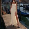 Fitted Strapless Mesh Halter High Slit Hem Long Dress