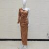 New Stretch Satin Split Slanted Shoulder Party Dress Women's Mid Length Dress