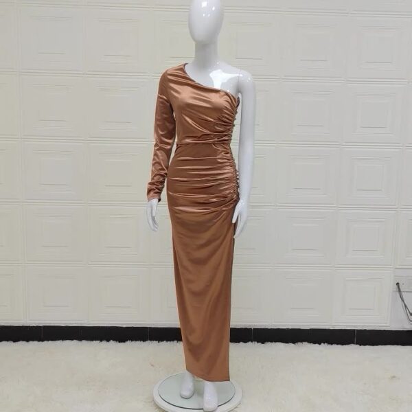 New Stretch Satin Split Slanted Shoulder Party Dress Women's Mid Length Dress