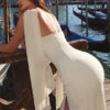Fitted Strapless Mesh Halter High Slit Hem Long Dress