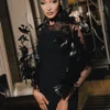 Feather Design Long Sleeve Soft Velvet Dress