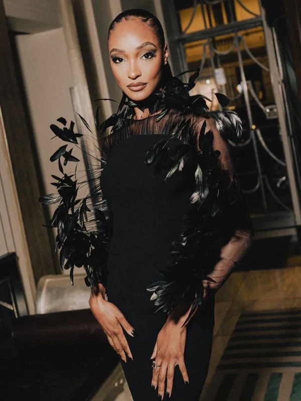 Feather Design Long Sleeve Soft Velvet Dress