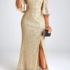 One-Shoulder Golden Sequin Party Evening Dress