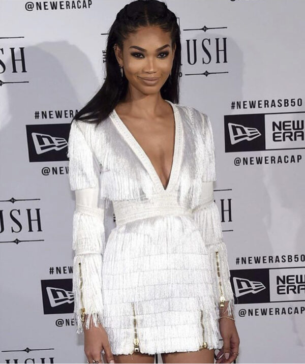 Temperament White Sexy V-Neck Fringed Long Sleeve Bandage Dress