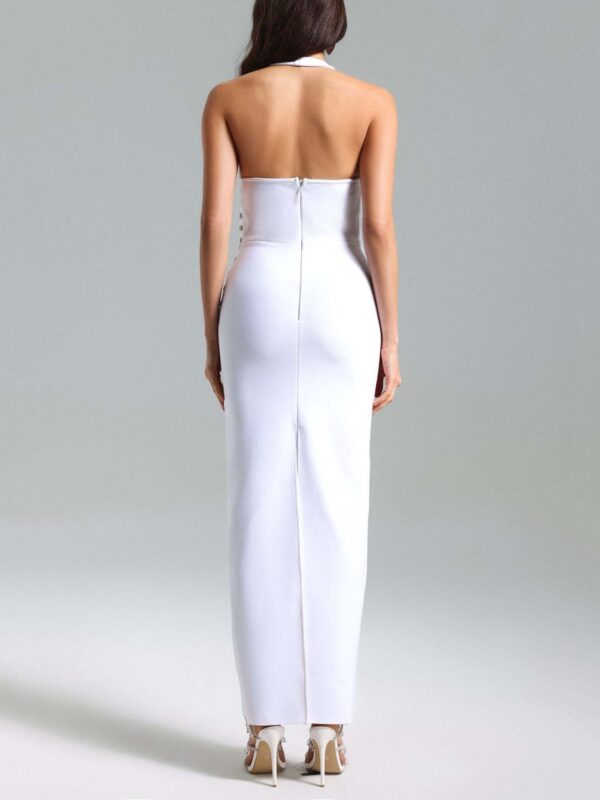White hanging neck V-neck mesh elegant slim party evening dress