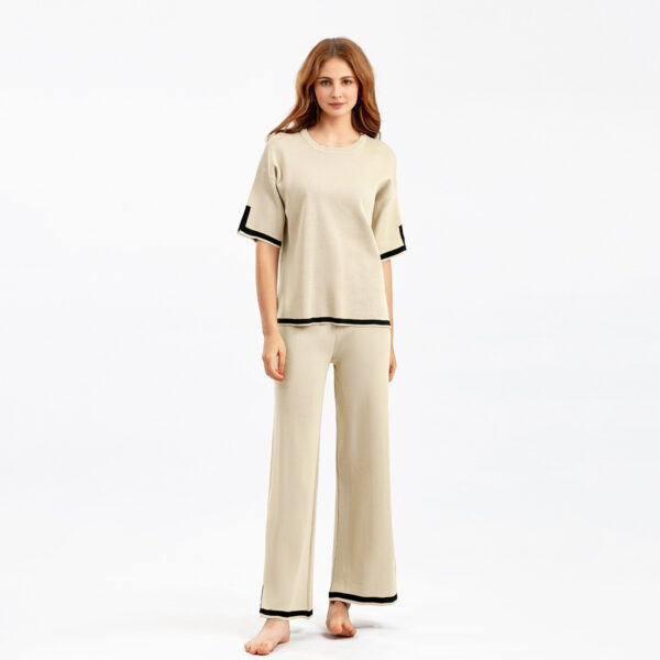 O-neck Short Sleeve Loose Sweater Casual Tops High Waist Pant 2 Piece Set