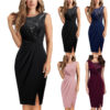 European and American Sleeveless Sequin Splicing Slim Slit Party Dress