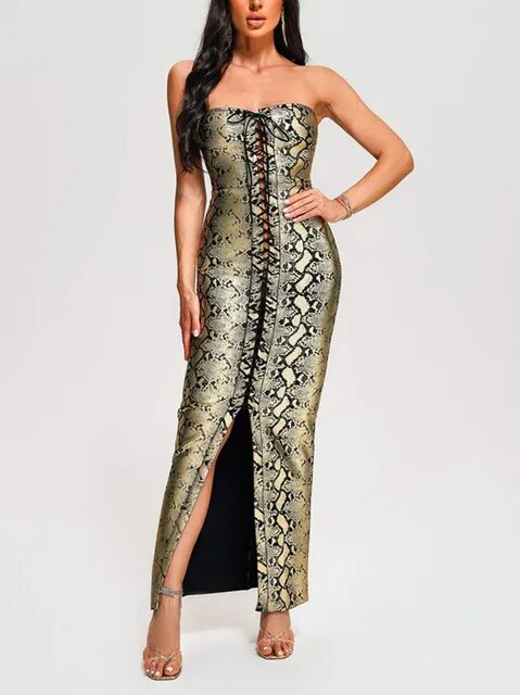New Tight Lace up Gold Stamped Bandage Sexy Split Dress