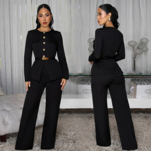 Fashionable Women's Slimming Belted Top and Pants Set