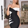 Black White Patchwork Off Shoulder Bodycon Party Dress