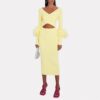 French yellow long sleeved elastic feather cuffs bandage dress
