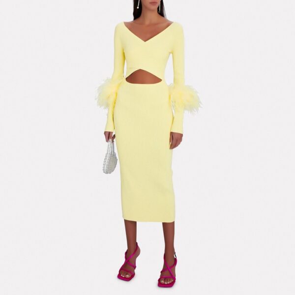 French yellow long sleeved elastic feather cuffs bandage dress