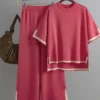 O-neck Short Sleeve Loose Sweater Casual Tops High Waist Pant 2 Piece Set
