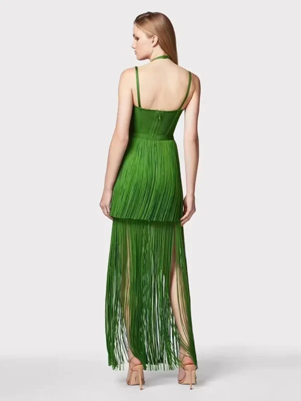 Green neckline suspender long skirt with tassel at the hem evening party dress