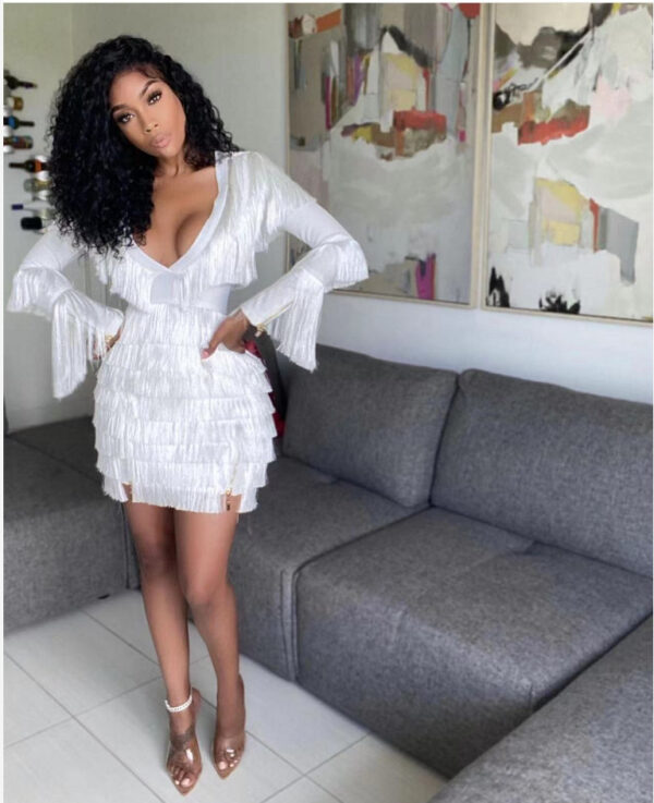 Temperament White Sexy V-Neck Fringed Long Sleeve Bandage Dress