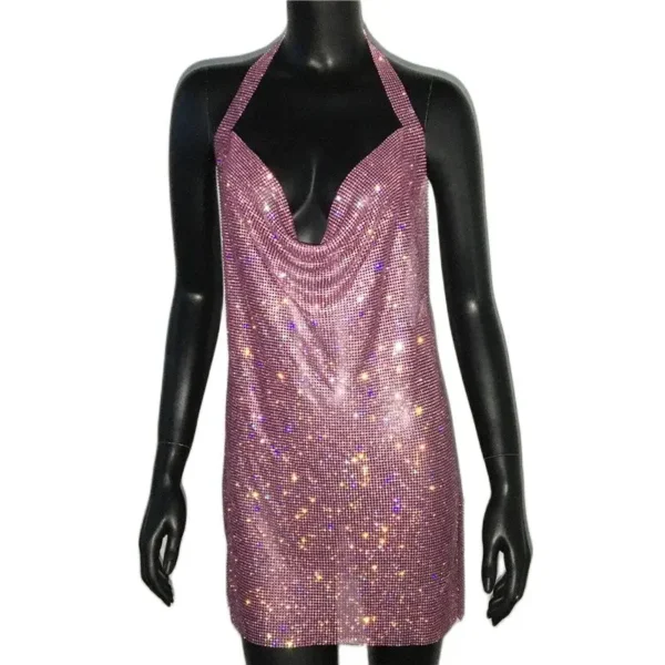 571136036 Shiny Rhinestone Halter Neck Side Split Sleeveless Dress
