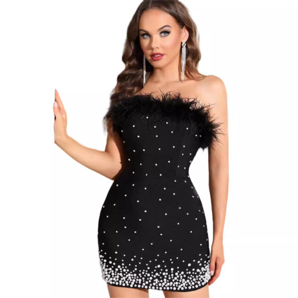 Strapless hairy pearl waist bag buttocks sexy fashion bandage dress