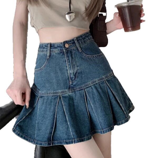 Vintage High-Waisted Denim Pleated Skirt for Women