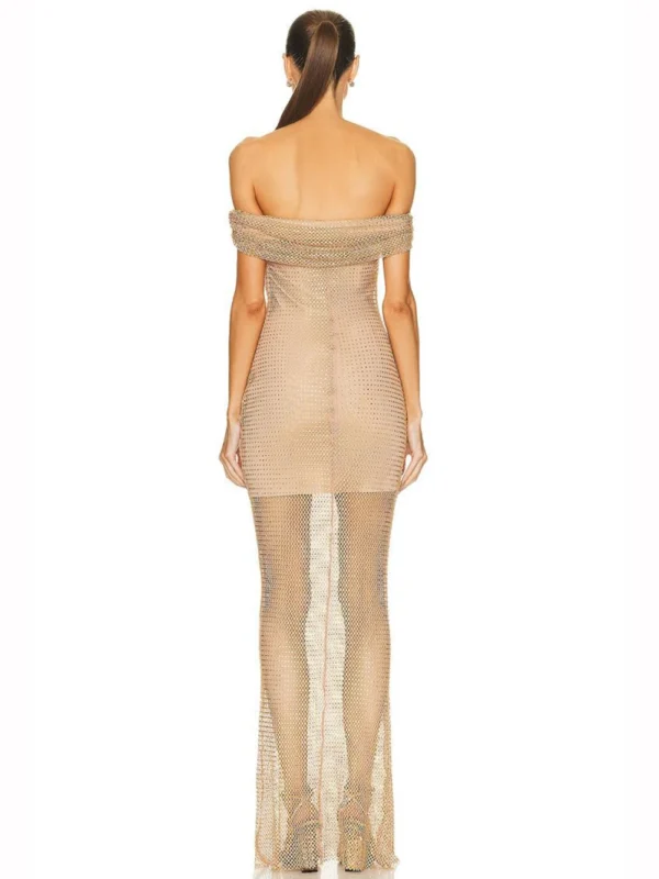 Women's Sexy Mesh Perspective Off Shoulder Bra Perspective Elastic Long Dress Elegant Celebrity Evening Dress