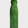 Green neckline suspender long skirt with tassel at the hem evening party dress
