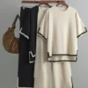 O-neck Short Sleeve Loose Sweater Casual Tops High Waist Pant 2 Piece Set