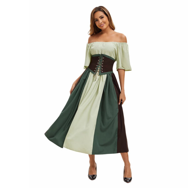 Style Medieval Retro Color-block Spliced Tie-waist Flared Dress