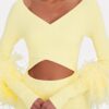 French yellow long sleeved elastic feather cuffs bandage dress