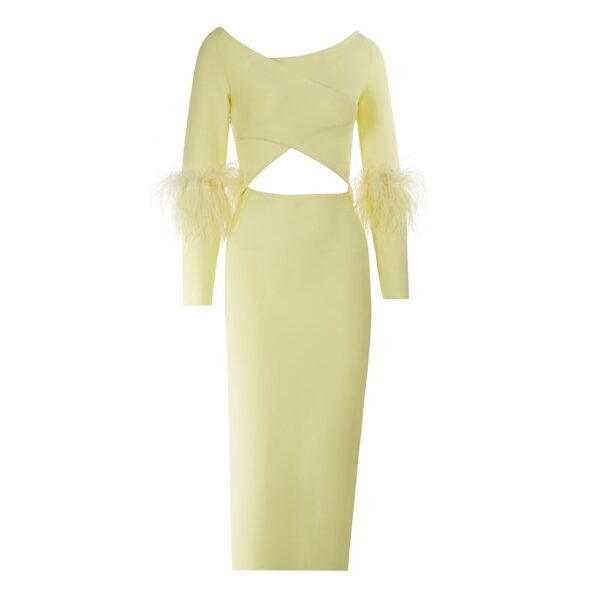 French yellow long sleeved elastic feather cuffs bandage dress