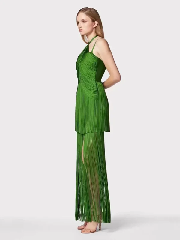 Green neckline suspender long skirt with tassel at the hem evening party dress