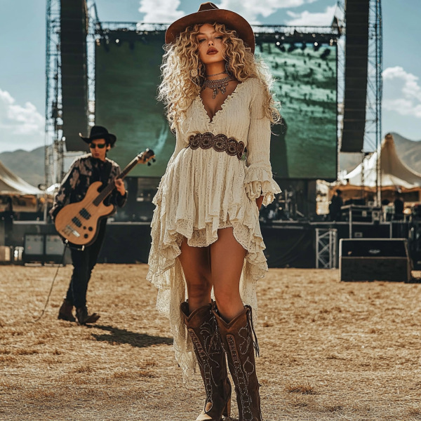 Western Music Festival Rock Party Ruffle Floral Fringe Lace Vintage Dress