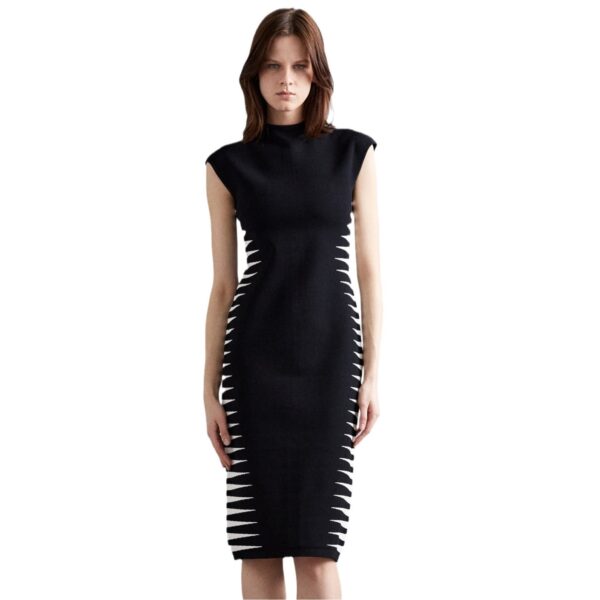 571138929 White contrast zebra print half-high collar sleeveless bandage dress