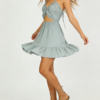 Women's fashionable V-neck cutout waist gathered back halter neck dress