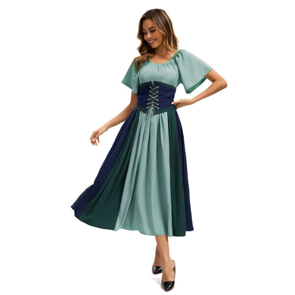 Style Medieval Retro Color-block Spliced Tie-waist Flared Dress
