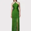 Green neckline suspender long skirt with tassel at the hem evening party dress