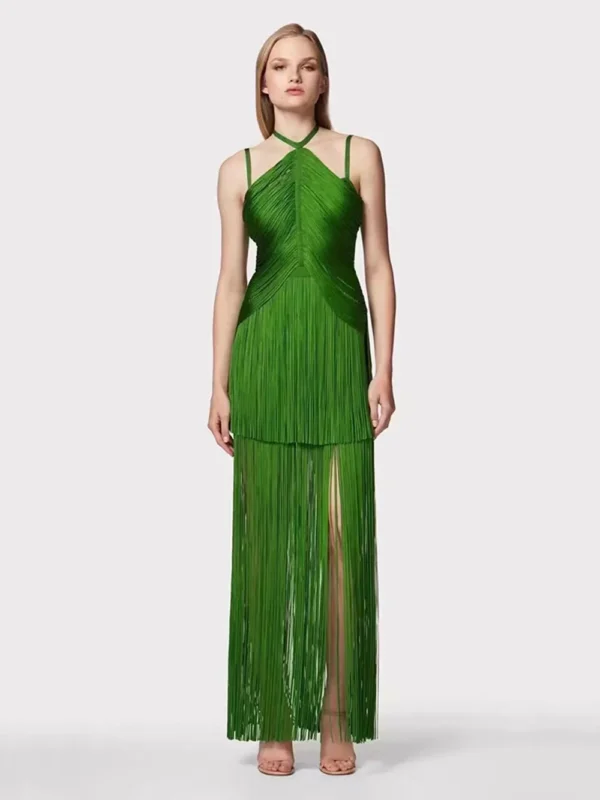 Green neckline suspender long skirt with tassel at the hem evening party dress