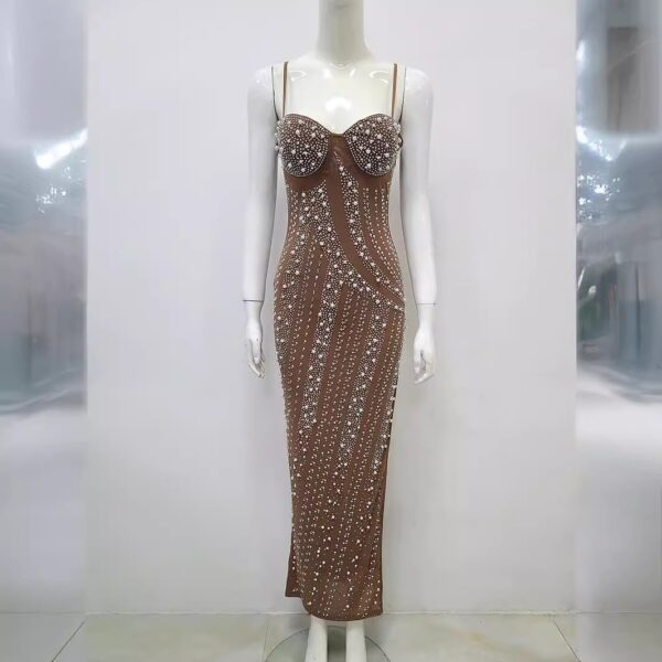 571135086 Water Diamond Nail Beads Sexy Low cut High Split Strap Luxury Party Dress