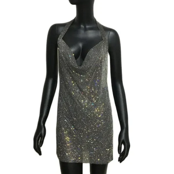 571136041 Shiny Rhinestone Halter Neck Side Split Sleeveless Dress