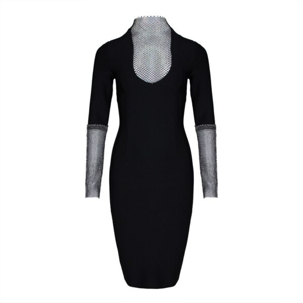 Sexy Mesh Diamond Ladies Long Sleeve Bandage Slim Dress